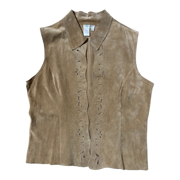 Coldwater Creek Jackets & Blazers - Coldwater Creek TAN 100% leather VEST open front with lace cut outs size L